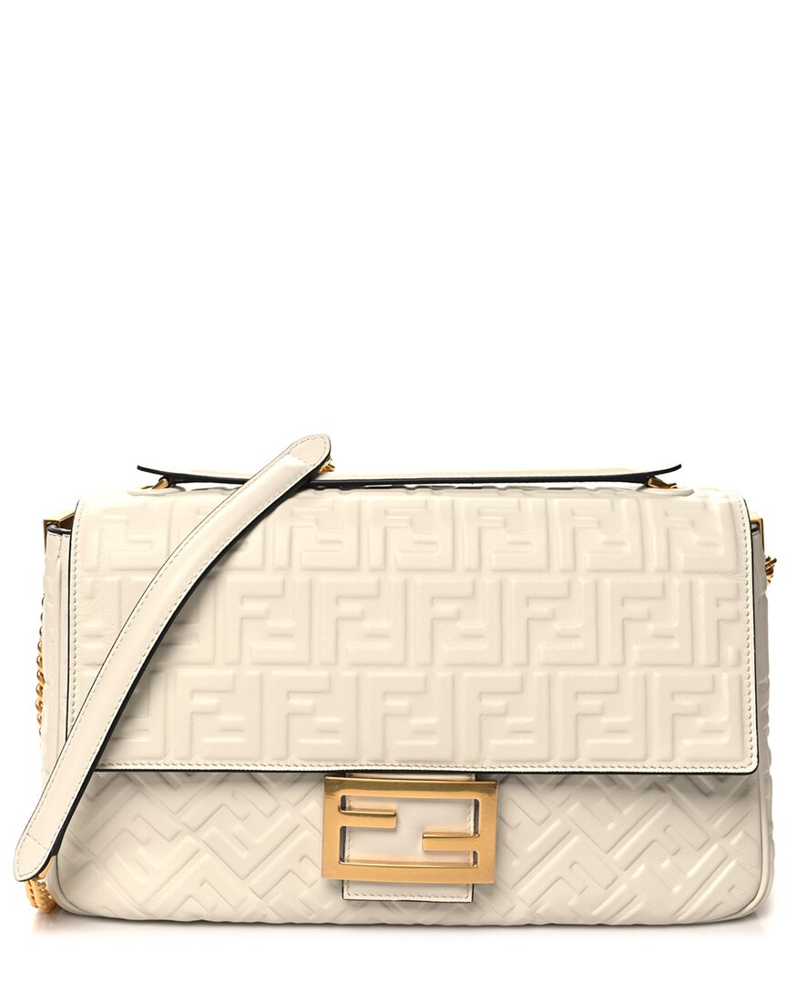 Fendi White Zucca Leather Small Ff Embossed Large Chain Baguette (authentic Pre-loved) In Neutral
