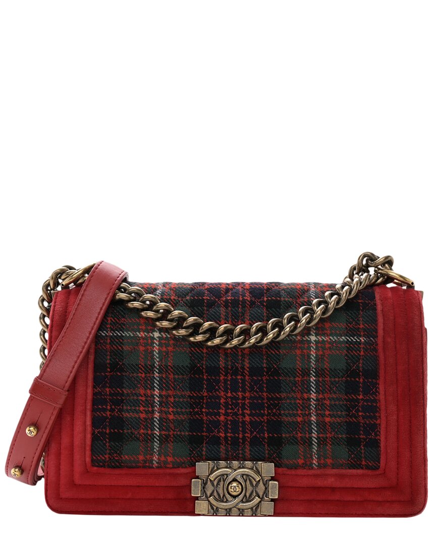 Pre-owned Chanel Velvet Quilted Plaid Tartan Medium Boy Flap Bag (authentic )
