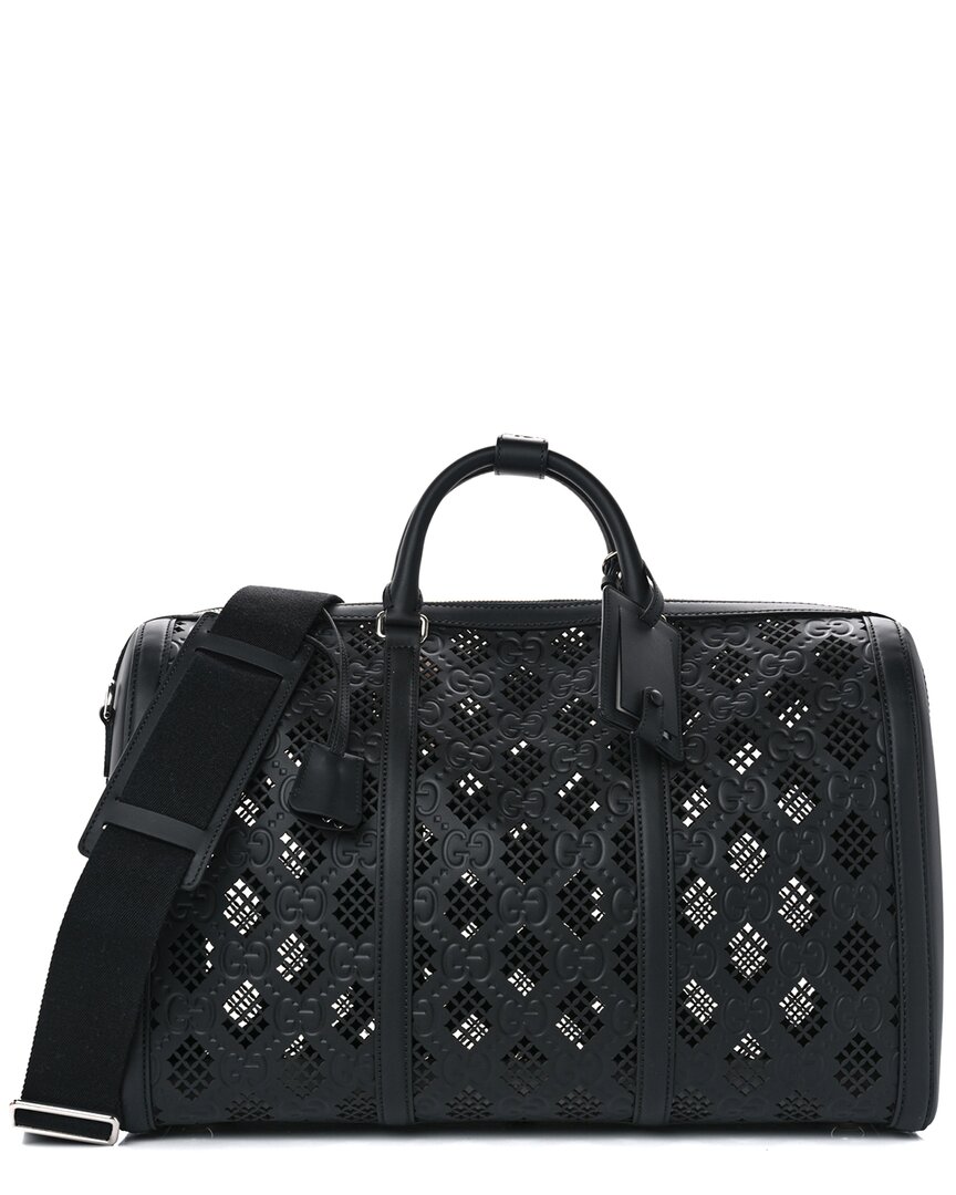 Gucci Black Calfskin Leather Cut Out Gg Embossed Medium Duffle Bag (authentic  )