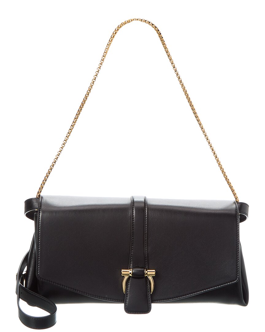 Shop Ferragamo Front Flap Medium Leather Shoulder Bag In Black