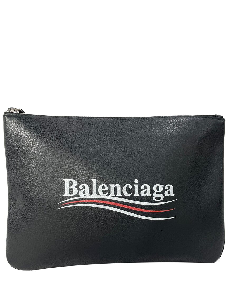 Balenciaga Black Leather Logo Campaign Print Zipped Pouch Bag (authentic )