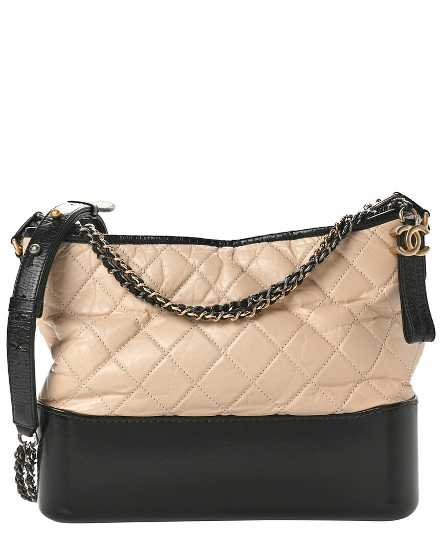 Pre-owned Chanel Beige Black Leather Aged Quilted Small Gabrielle Hobo (authentic Pre- Loved)