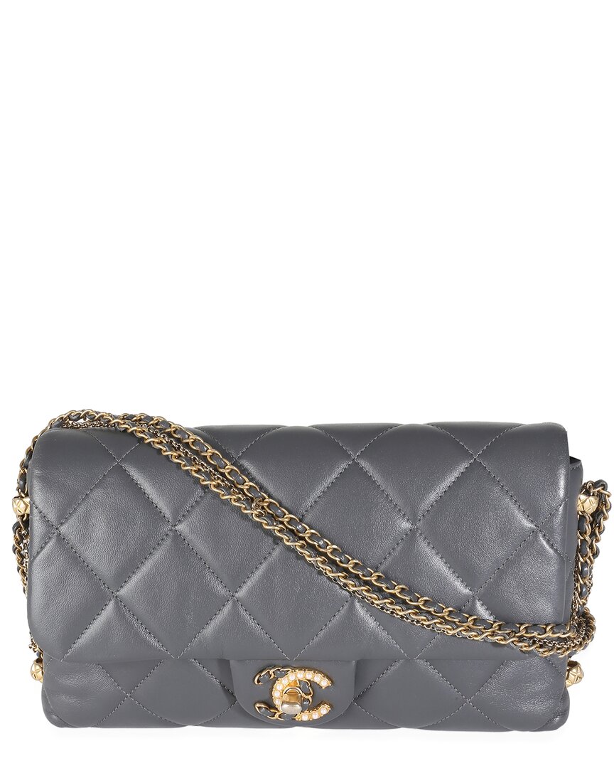 Pre-owned Chanel Gray Quilted Leather Crush On Chains Flap Bag (authentic Pre-loved)