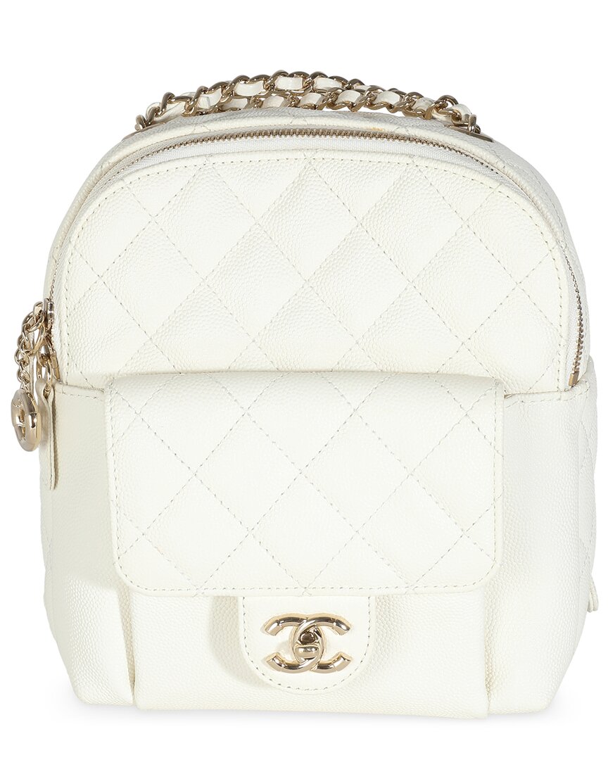 Pre-owned Chanel White Quilted Leather Small Cc Day Backpack Handbag (authentic Pre- Loved)