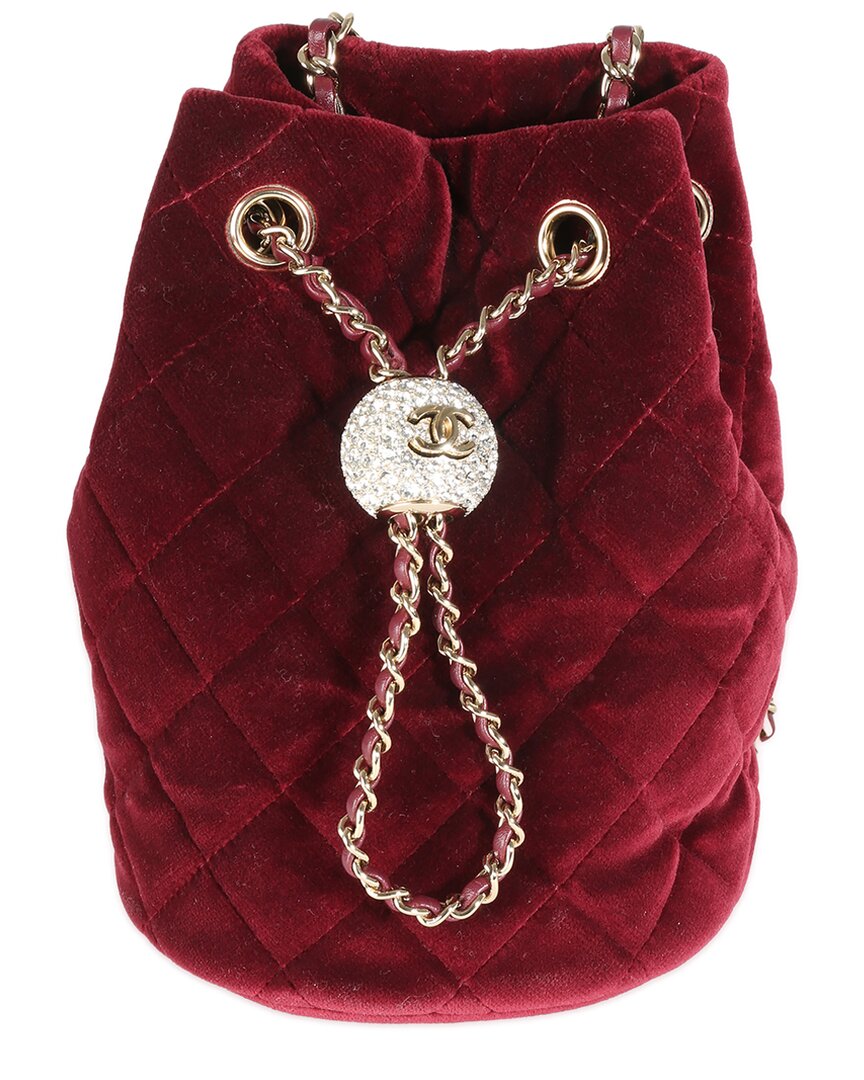Pre-owned Chanel Burgundy Quilted Velvet Cc Pearl Crush Bucket Bag (authentic Pre-loved)