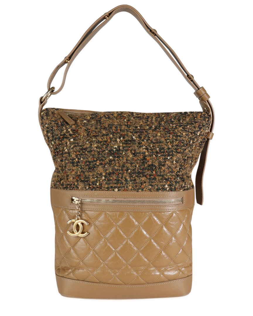 Pre-owned Chanel Brown Quilted Aged Calfskin Leather & Tweed Medium Casual Style Hobo (authentic Pre-loved)