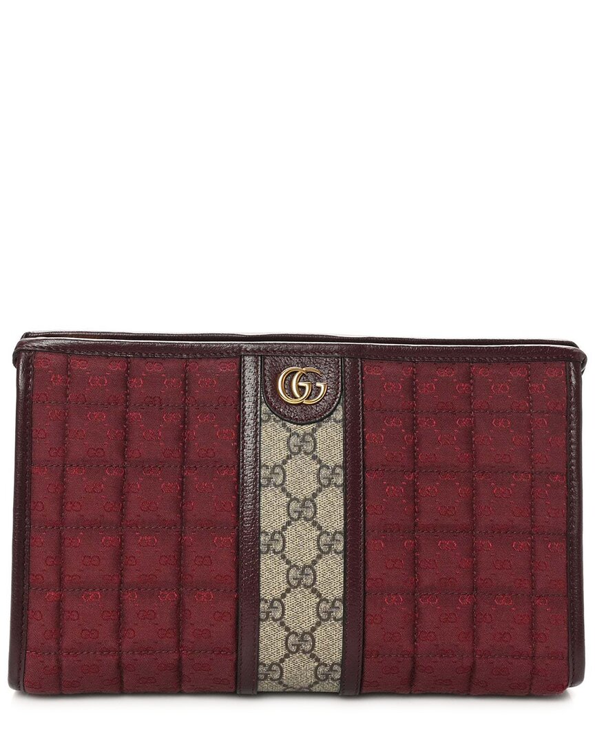 Gucci Burgundy Beige Ebony Calfskin Leather Quilted Mini Gg Pouch (authentic  Pre-loved)