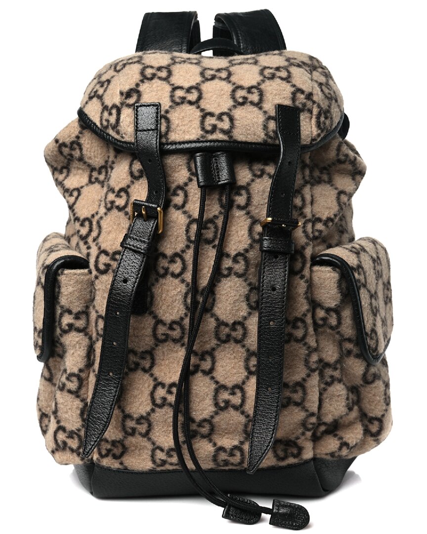 Gucci Beige Black Gg Wool Small Double Buckle Backpack (authentic Pre-loved)
