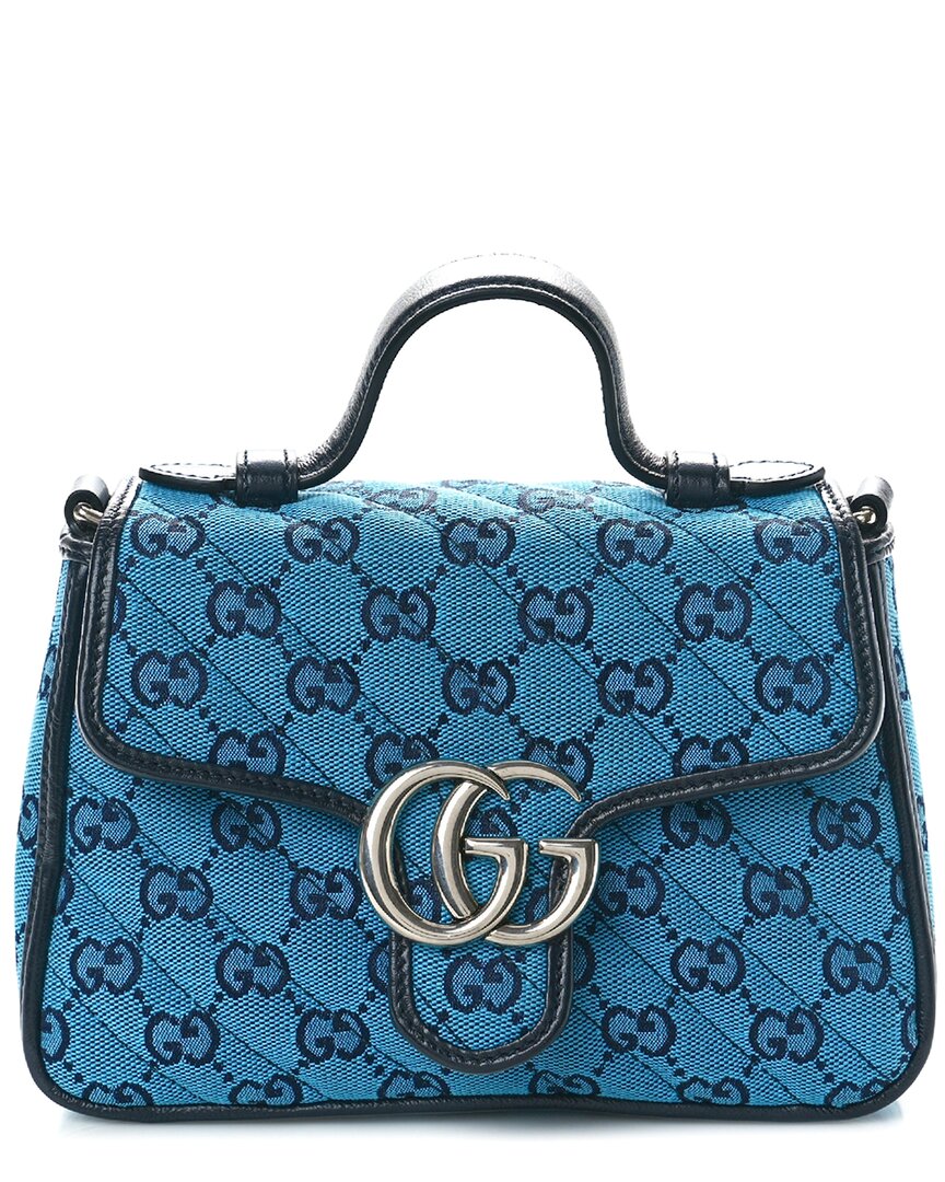Gucci Blue Gg Canvas Diagonal Mini Gg Marmont Top Handle Shoulder Bag (authentic Pre-loved) In Blue