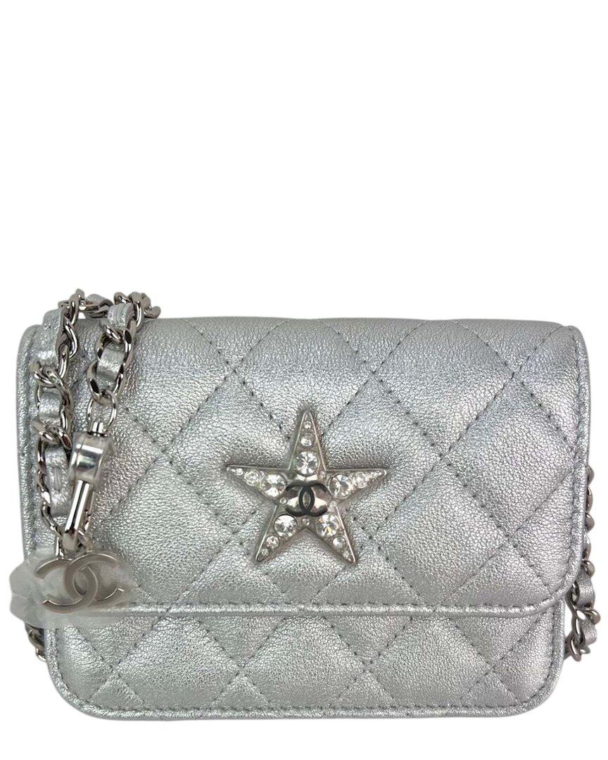 Pre-owned Chanel Silver Leather Quilted Star Flap Waist Belt Shoulder Bag (authentic  Pre-loved)