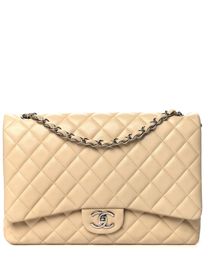 Pre-owned Chanel Beige Caviar Quilted Leather Maxi Double Flap (authentic Pre-loved)