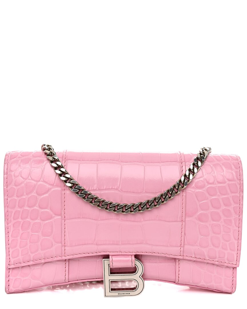 Balenciaga Candy Pink Croc-embossed Calfskin Leather Shiny Hourglass Chain Bag  (authentic Pre-loved