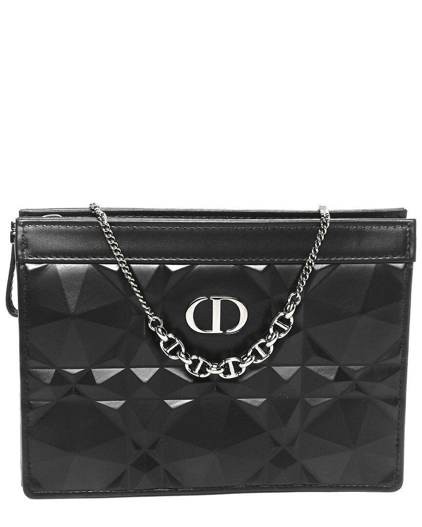 Dior Black Macrocannage Leather Macro Diamond Caro Zipped Pouch With Chain (authentic Pre-loved)