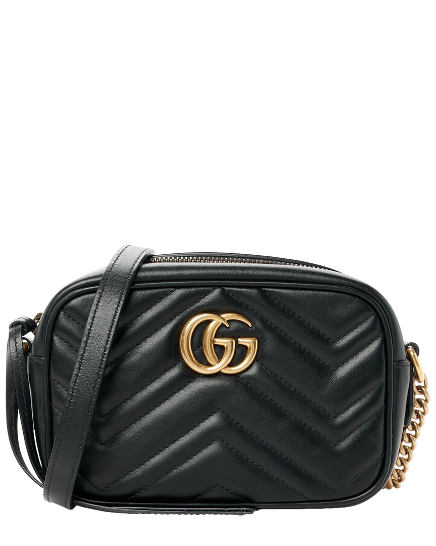 Gucci Black Calfskin Leather Mini Gg Marmont Chain Shoulder Bag (authentic Pre-loved)