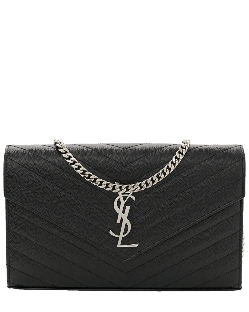 Saint Laurent Black Grain De Poudre Leather Chevron Monogram Chain Wallet Shw (authentic Pre-loved) In Brown