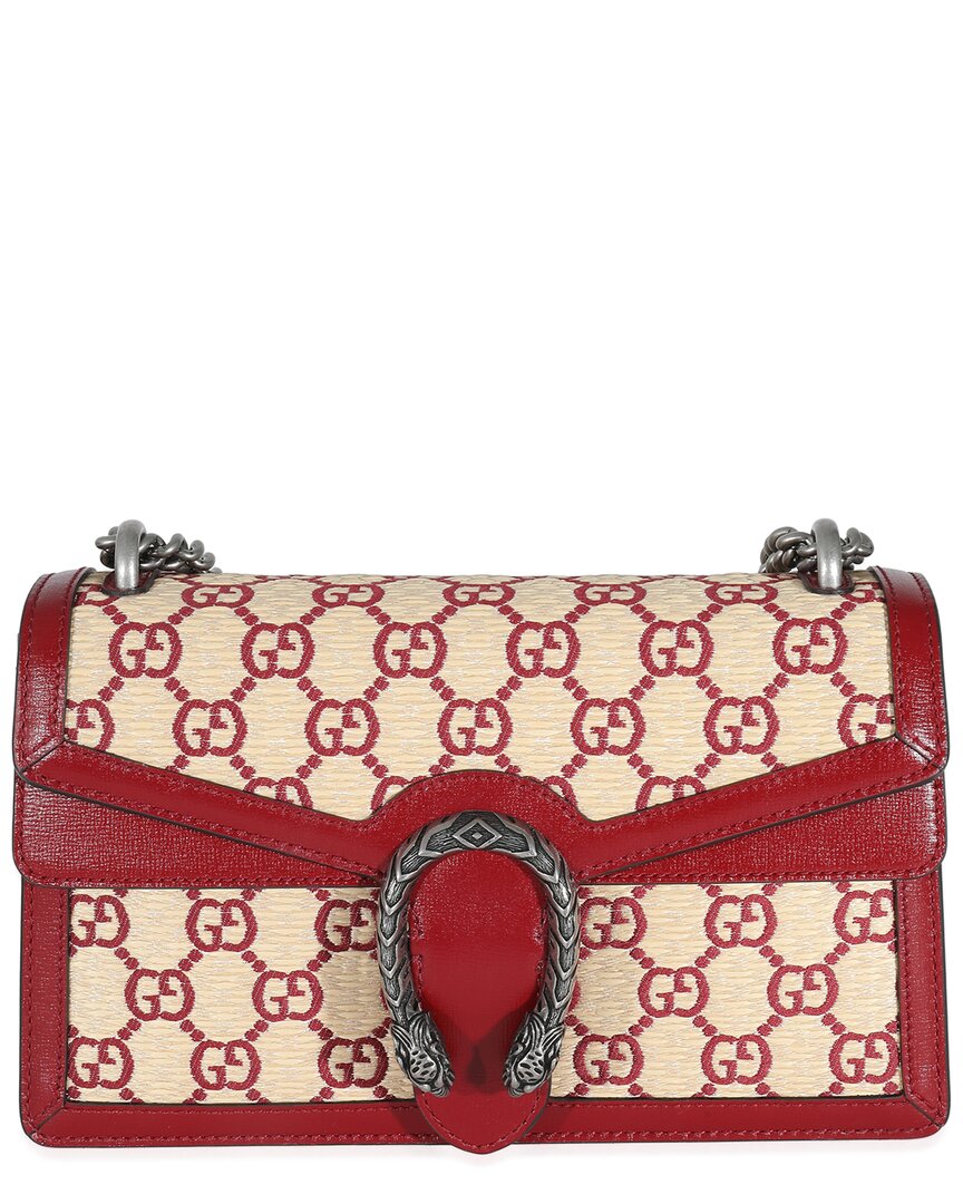 Gucci Beige/red Leather, Straw & Raffia Azalea Gg Monogram Small Dionysus Bag (authentic Pre-loved) In Red