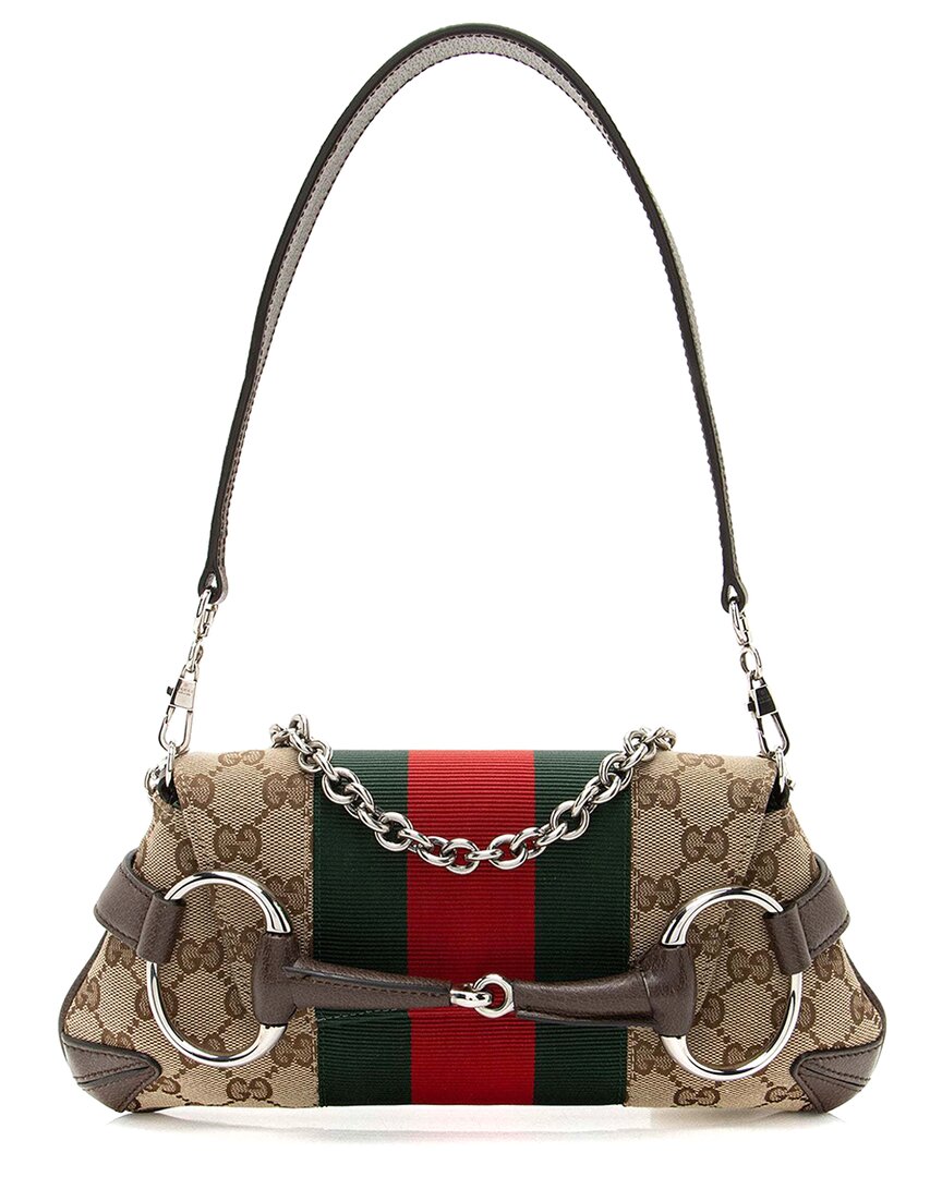 Gucci Brown Gg Canvas Horsebit Web Chain Small Shoulder Bag (authentic Pre-loved)