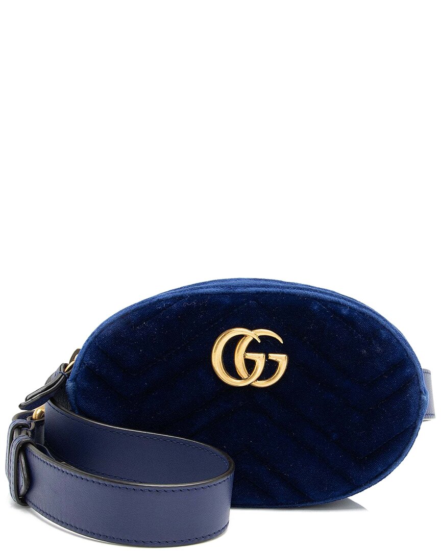 Gucci Blue Matelasse Velvet Gg Marmont Belt Bag - Size 34 / 85 (authentic Pre-loved)