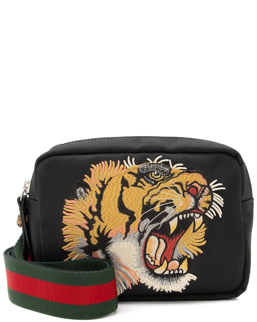 Gucci Black Leather Canvas Tiger Embroidered Web Messenger (authentic Pre-loved)