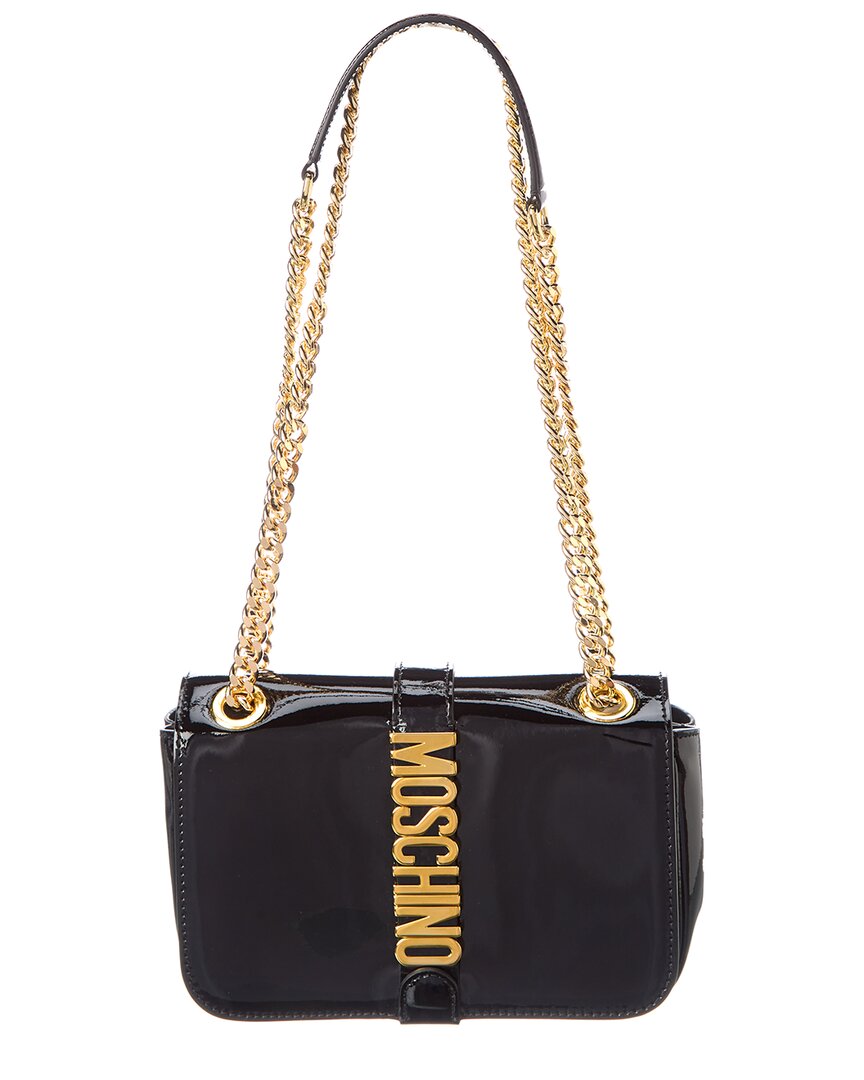 Moschino Logo Patent Leather Shoulder Bag In Black