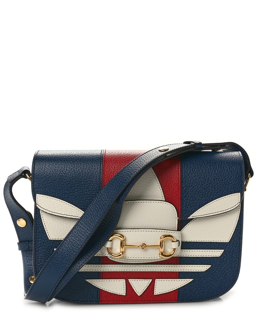 Gucci Blue Agata Hibiscus Red White Calfskin Leather X Adidas Horsebit 1955 Shoulder Bag (authentic In Brown