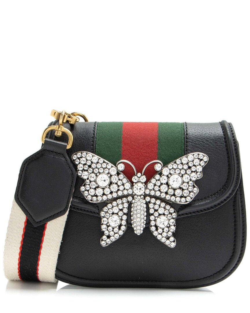 Gucci Black Leather Crystal Butterfly Linea Totem Small Crossbody (authentic Pre-loved) In Black
