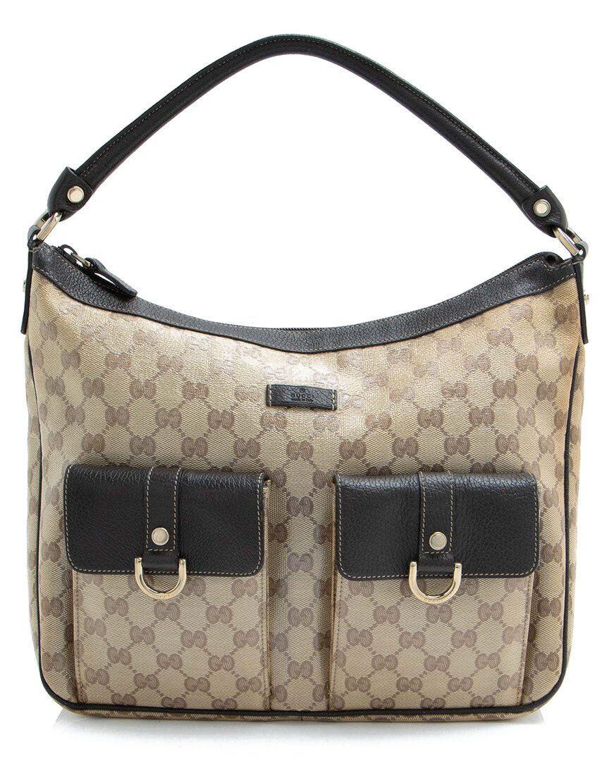 Gucci Brown Leather Gg Crystal Abbey Pocket Hobo (authentic Pre-loved) In Neutral