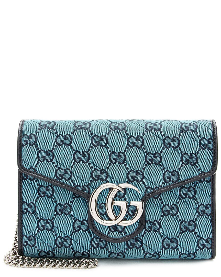 Gucci Blue Matelasse Leather Gg Canvas Gg Marmont Mini Chain Bag (authentic Pre-loved)