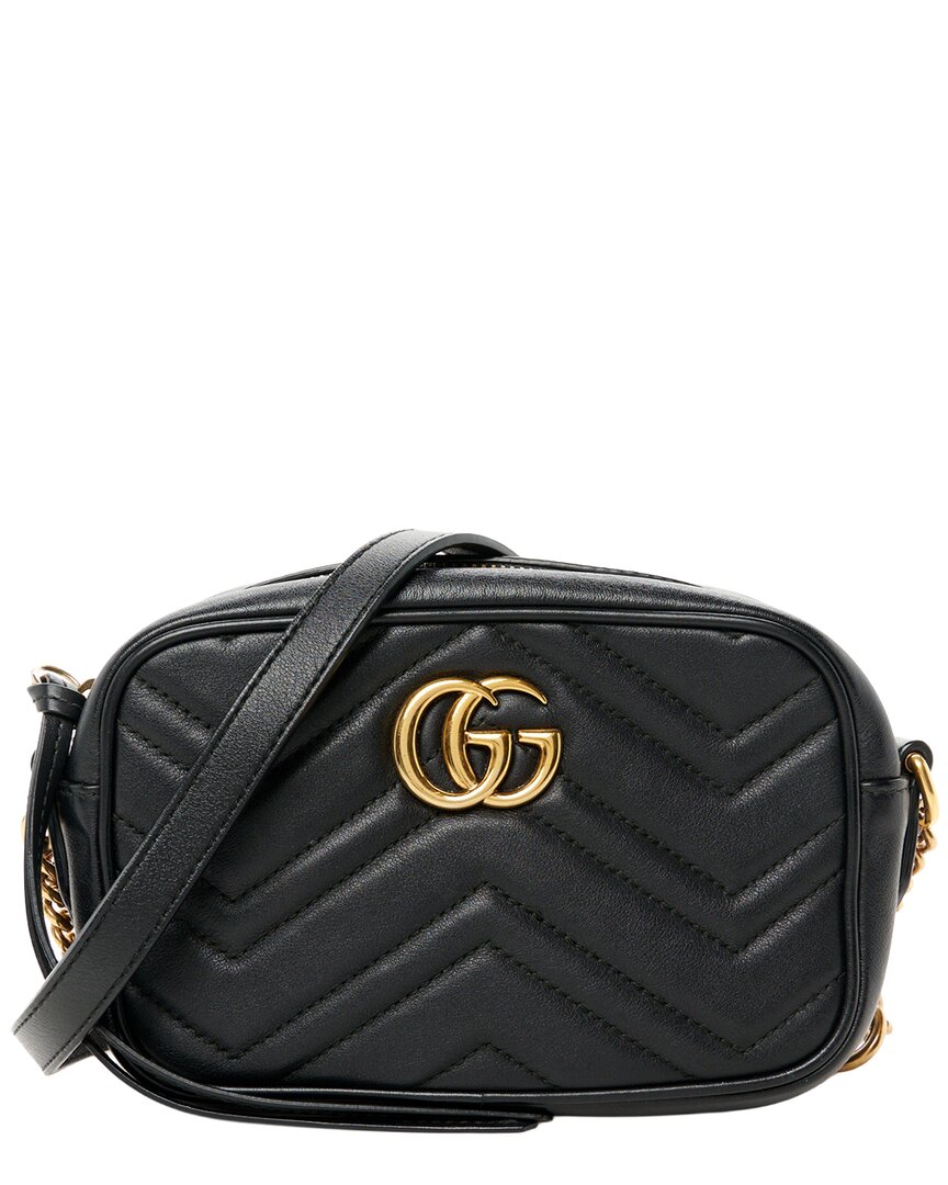 Gucci Black Calfskin Leather Matelasse Mini Gg Marmont Chain Shoulder Bag  (authentic Pre-loved)