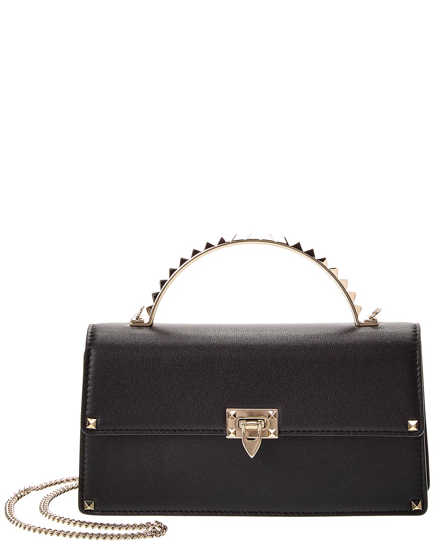 Valentino Rockstud Leather Top Handle Bag In Black