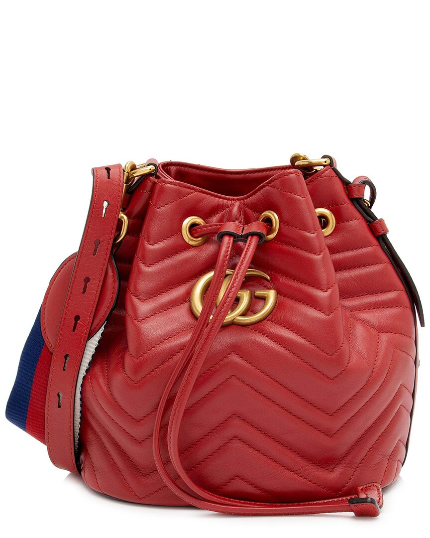 Gucci Red Leather & Nylon Gg Marmont Bucket Bag (authentic Pre-loved) In Red