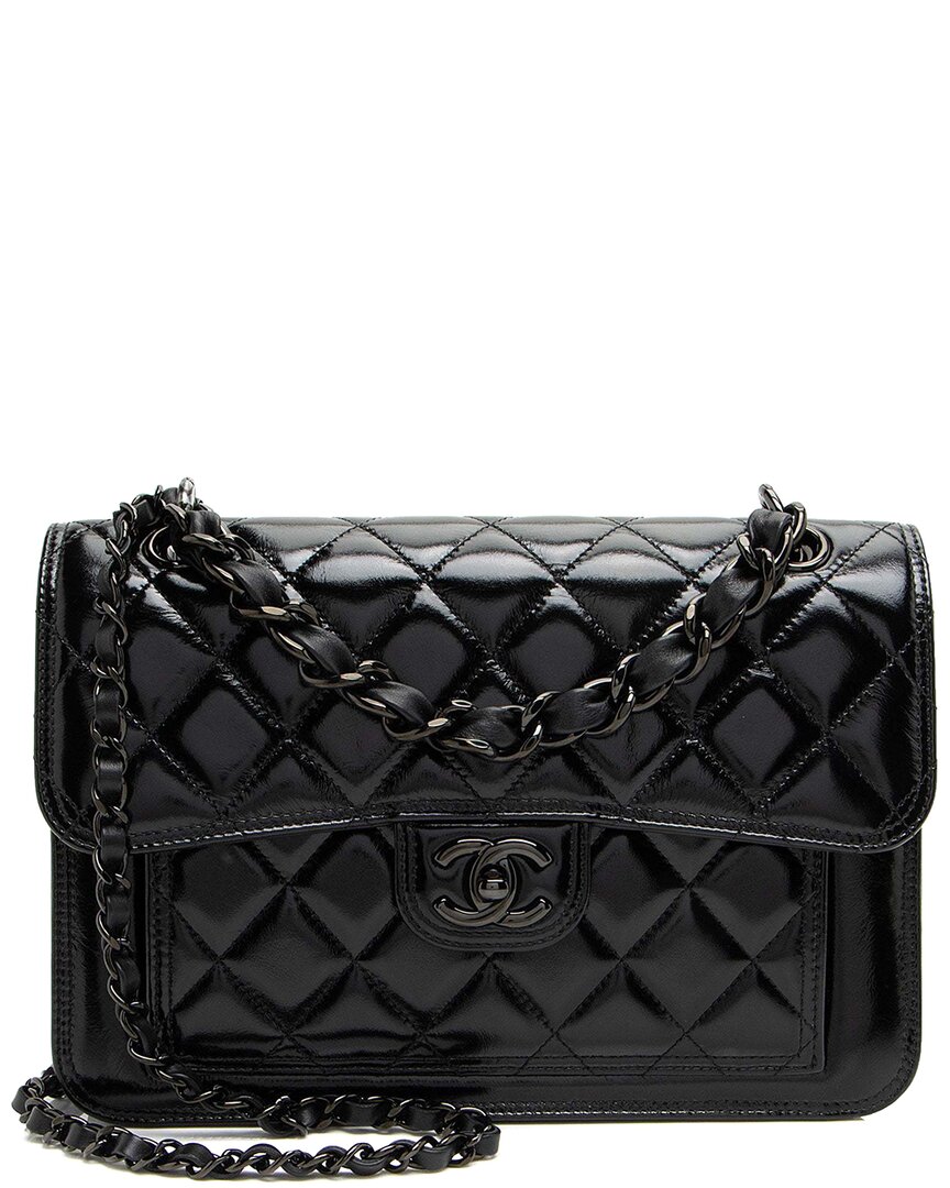 Pre-owned Chanel Black Shiny Crumpled Calfskin So Black Double You Flap Bag (authentic  Pre-loved)