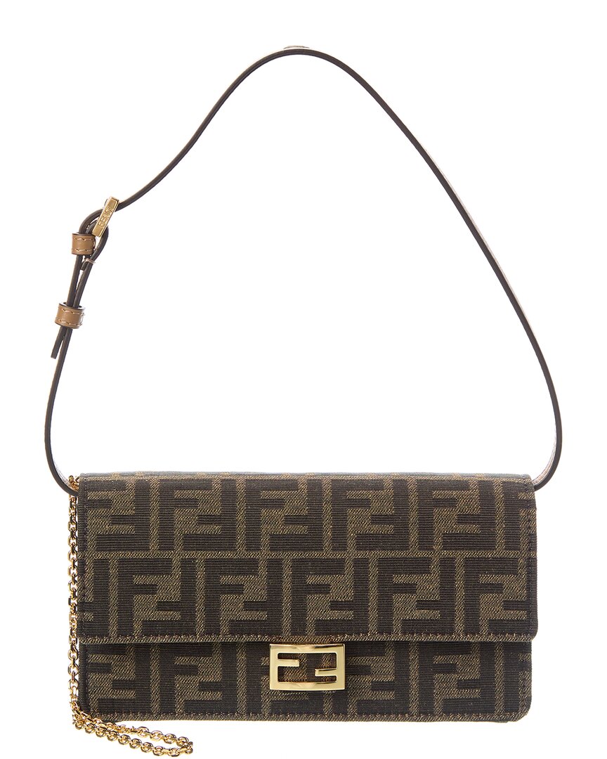 Fendi Baguette Leather-trim Wallet On Chain In Brown