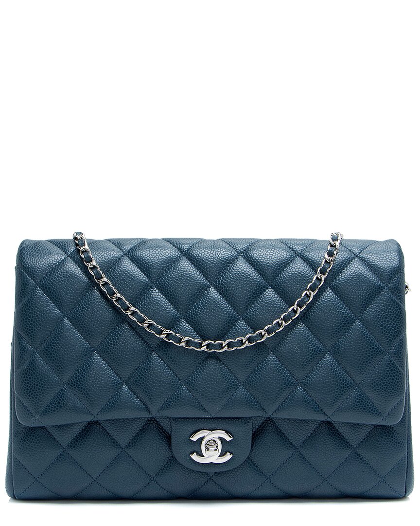 Pre-owned Chanel Blue Quilted Caviar Leather Chain Flap Clutch (authentic Pre-loved)