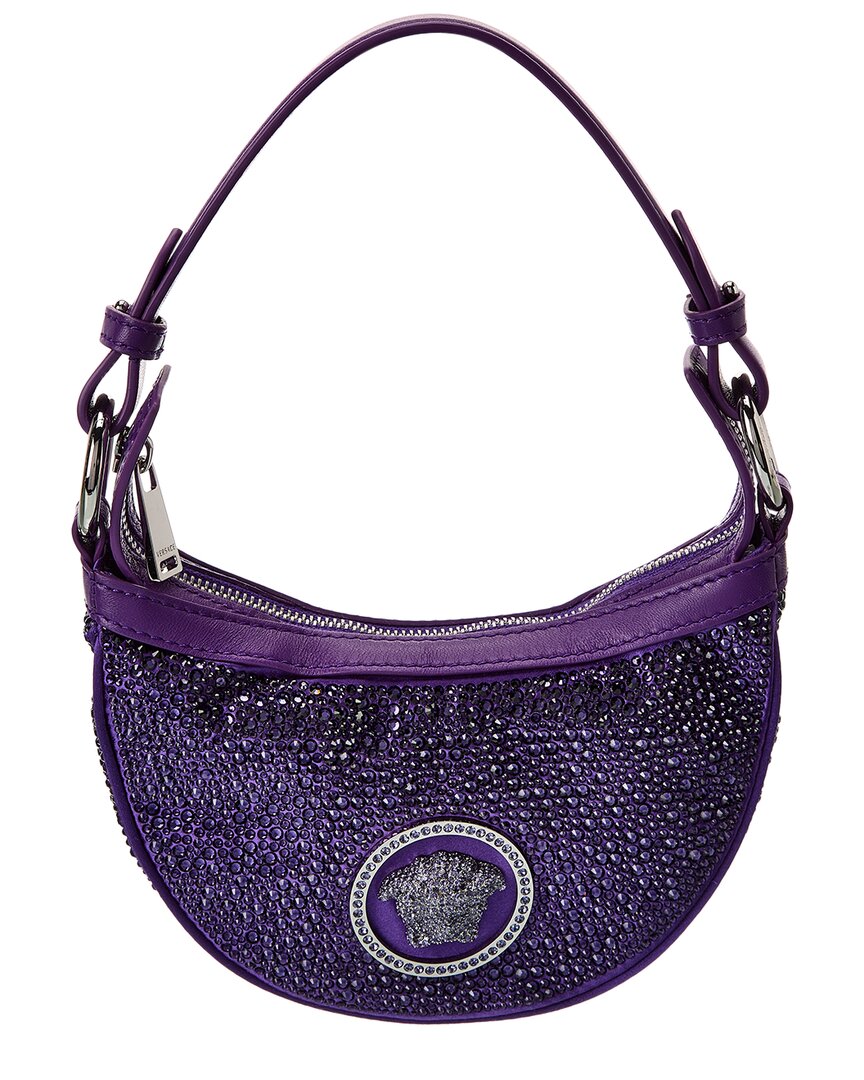 Shop Versace Crystal Repeat Mini Silk Hobo Bag In Purple