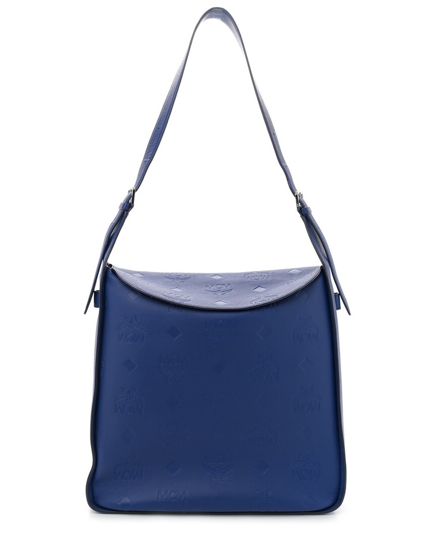 Mcm Blue Calfskin Leather Ottomar Monogram Large Aren Flap Hobo (authentic Pre-loved) In Blue