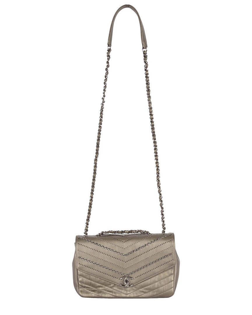 Pre-owned Chanel Grey Leather Embellished 'chain Sequins' Chevron Flap Bag, Never Carried (authentic Pre-loved