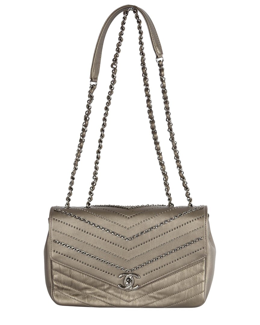 Pre-owned Chanel Metallic Leather Embellished 'chain Sequins' Chevron Flap Bag - '10s