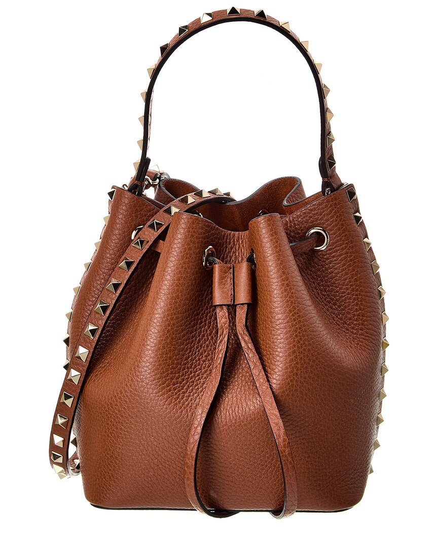 Valentino Rockstud Drawstring Leather Bucket Bag In Brown