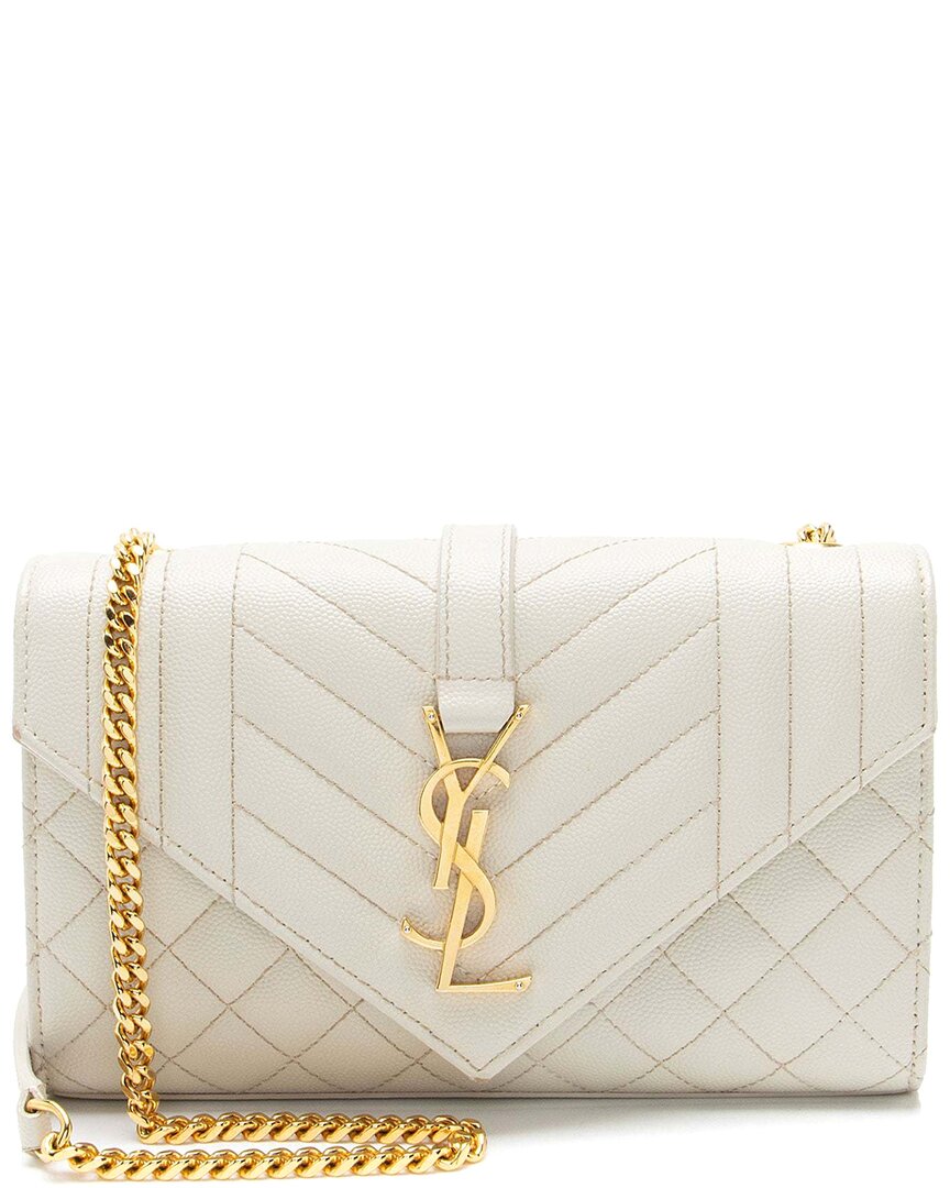 Saint Laurent White Mixed Matelasse Grain De Poudre Leather Monogram Small Shoulder Bag (authentic