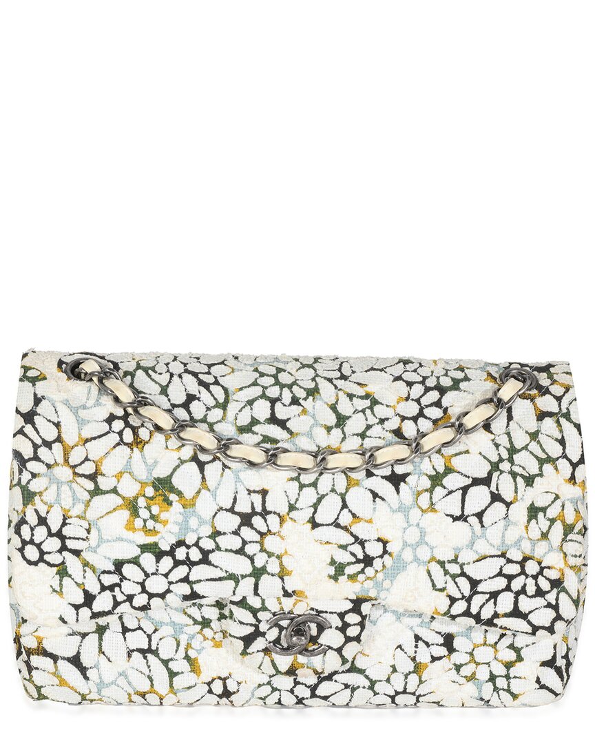 Pre-owned Chanel White Tweed Cut Out Floral Jumbo Double Flap Bag (authentic Pre-loved)