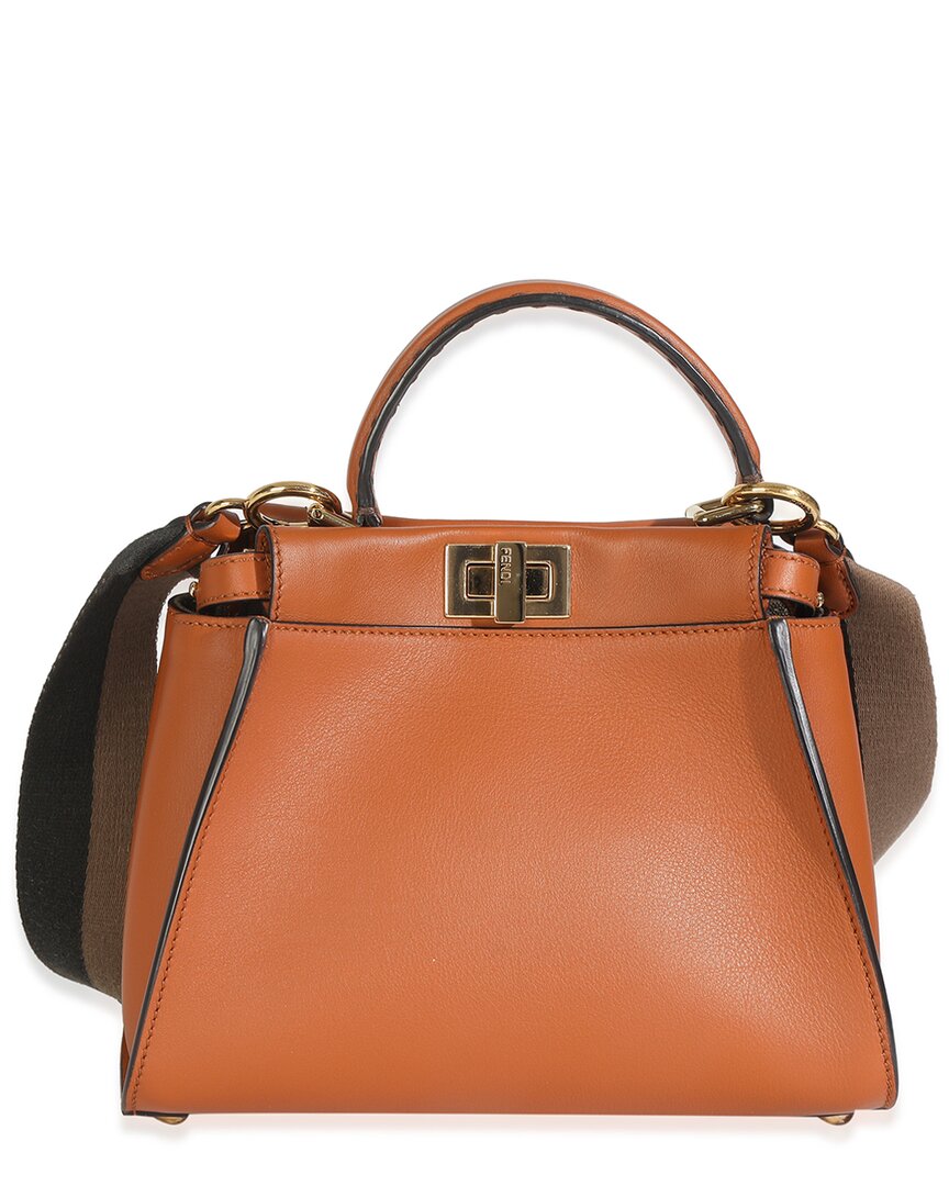 Fendi Brown Leather Ff Embroidered Mini Peekaboo Iconic Satchel (authentic Pre-loved) In Orange
