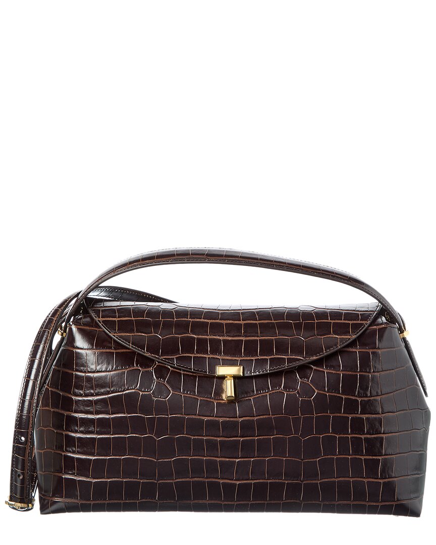 Totême Toteme T-lock Croc-embossed Leather Top Handle Shoulder Bag In Black