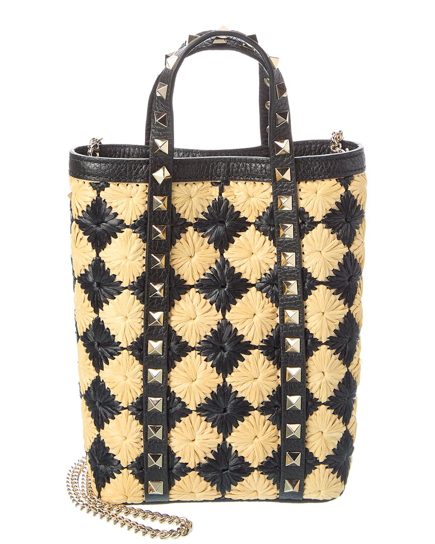Valentino Rockstud Straw & Leather Tote In Multi