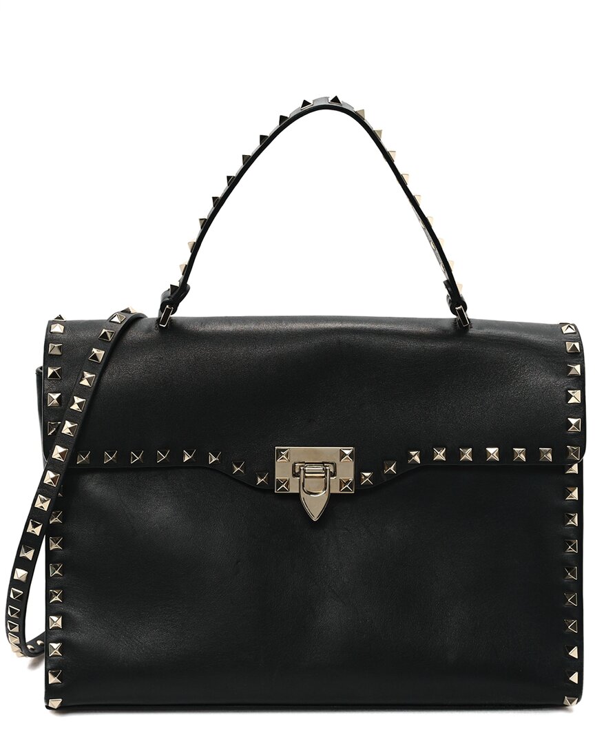 Valentino Black Grained Calfskin Leather Rockstud Top Handle Flap Shoulder Bag (authentic Pre-loved In Black