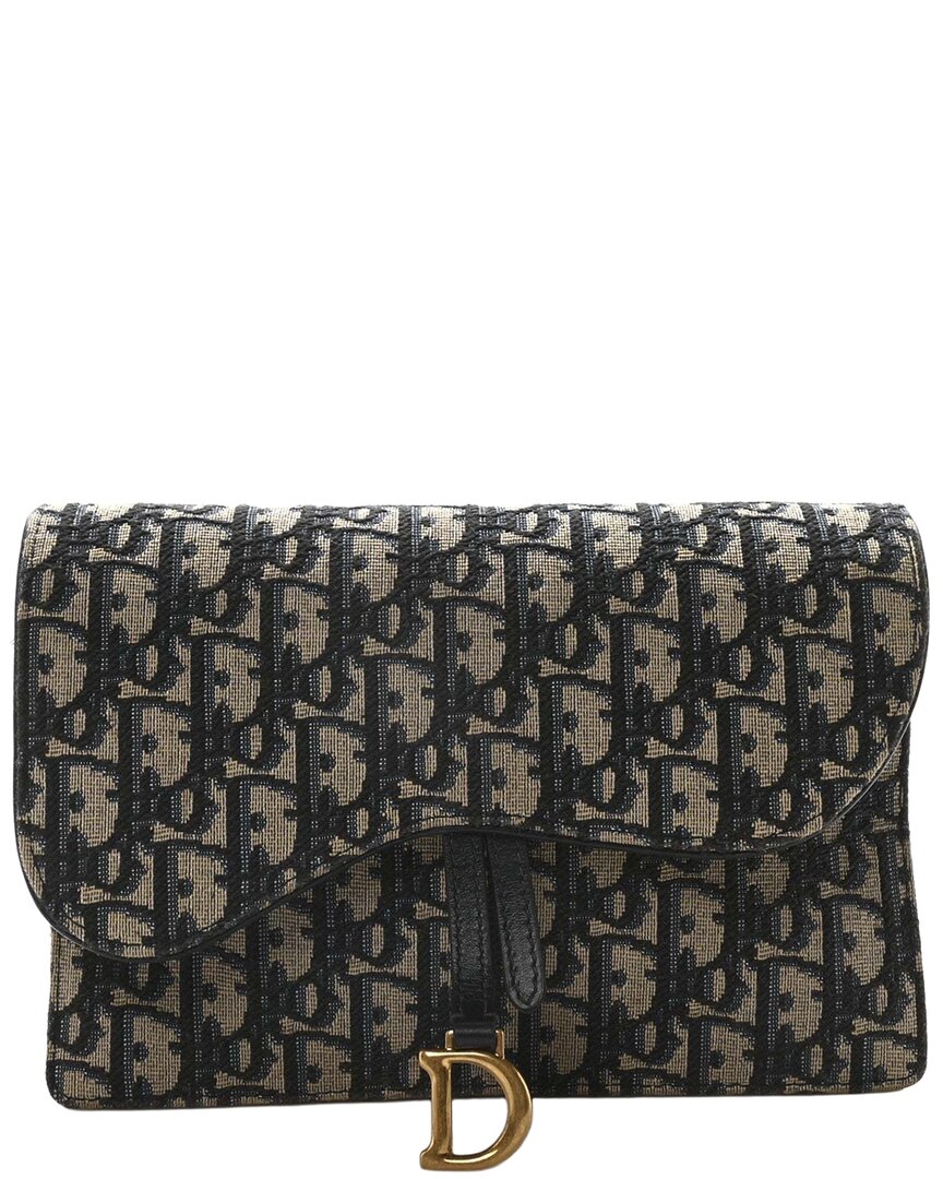 Dior Blue Oblique Canvas Saddle Chain Pouch (authentic Pre-loved) In Multi