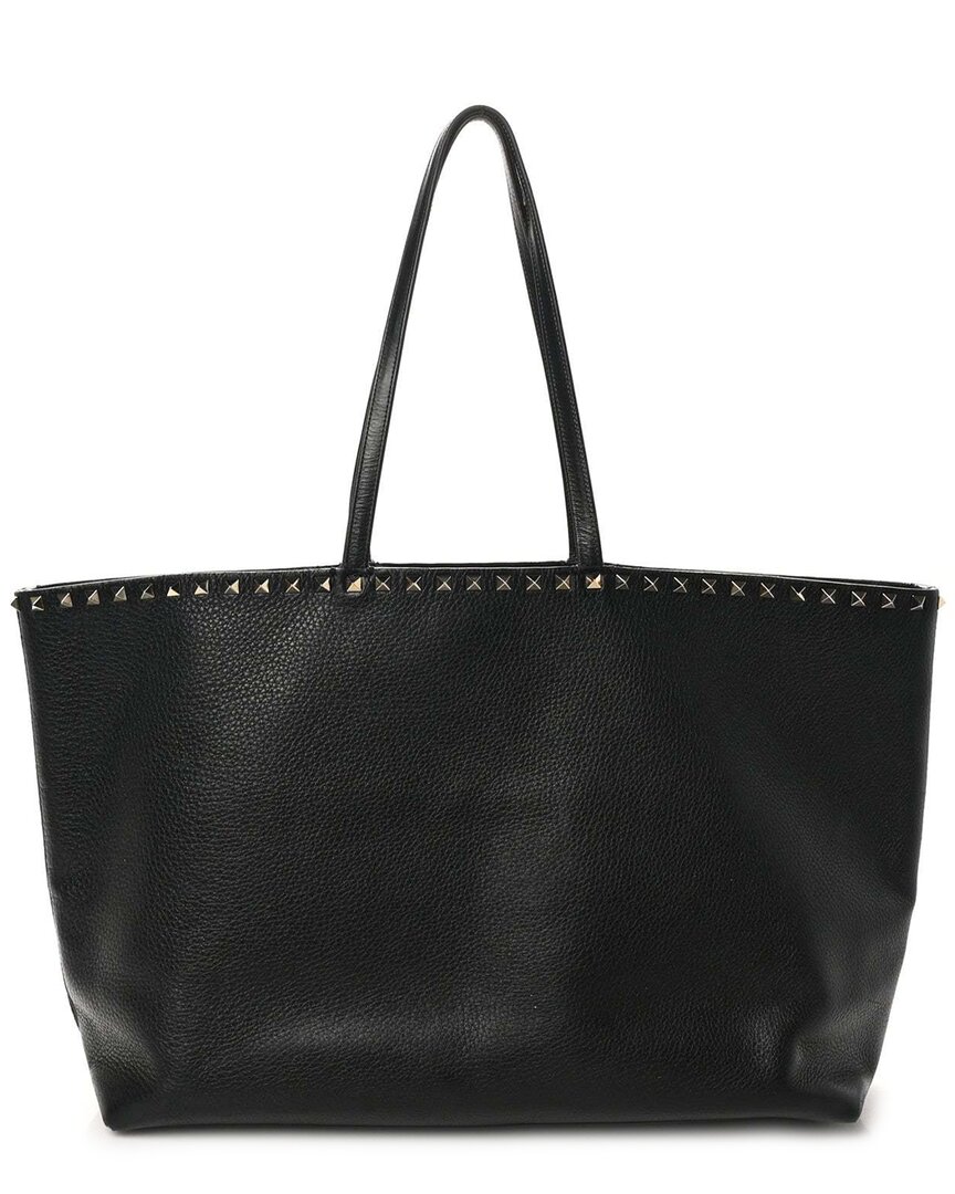Valentino Black Grained Calfskin Leather Small Rockstud Shoulder Tote  (authentic Pre-loved) In Black