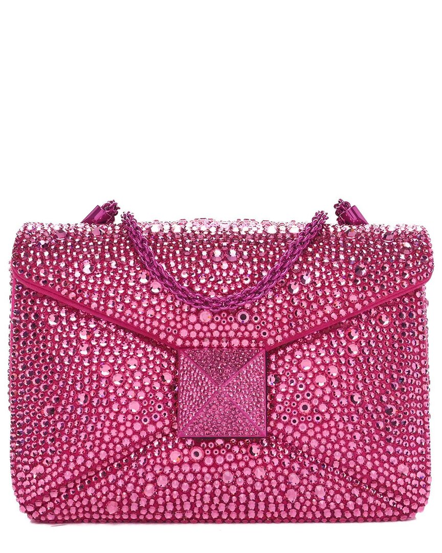 Valentino Garavani Valentino Pink Suede Crystal Embellished Small One Stud Clutch With Chain (authentic Pre-loved)