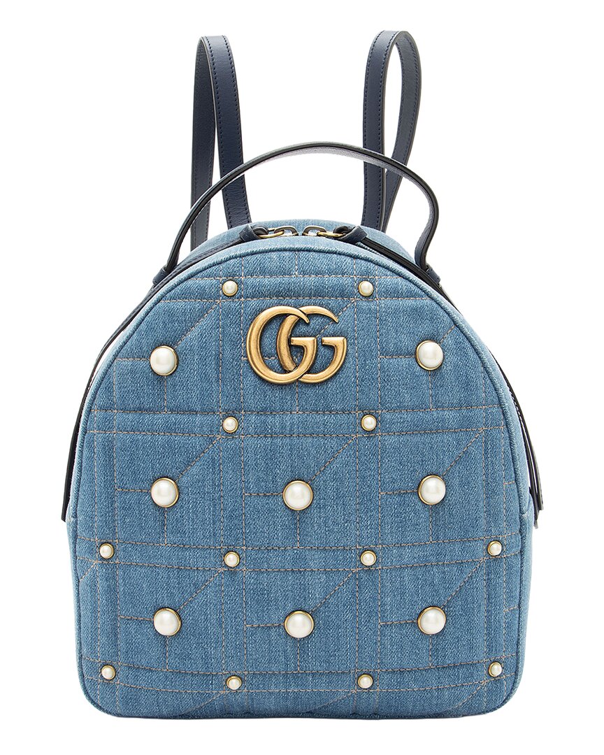 Gucci Blue Matelasse Denim & Leather Pearl Gg Marmont Backpack (authentic Pre-  Loved)