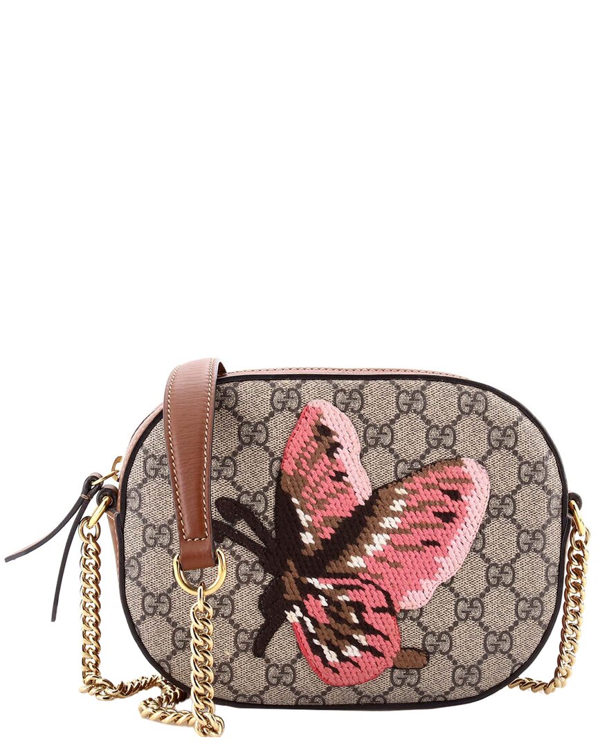 Gucci Brown Coated/waterproof Canvas Chain Crossbody Embroidered Mini  (authentic Pre-loved) In Brown